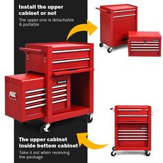 the red tool cabinet is labeled with instructions for how to install and where to use it