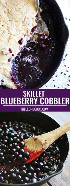 a skillet with blueberry cobbler in it and a wooden spoon next to it