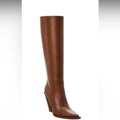 Michael Kors Gwen Boots In Brown. Size 36. Excellent Condition. Worn Only Once! Beautiful Rich Brown Color. Perfect For Fall. Heel 4.5. Posted The Brand Link For More Information But For Black Color. The Listing Is For Boots In Rich Brown Color. Brown Calf Leather Boots With Pointed Toe, Luxury Brown Knee-high Heeled Boots, Designer Brown Knee-high Boots, Luxury Brown Heeled Boots With Leather Sole, Brown Almond Toe Calf Leather Boots, Luxury Brown Heeled Boots Medium Width, Luxury Brown Heeled Boots With Round Toe, Designer Brown Square Toe Boots, Brown Pointed Toe Boots With Padded Heel