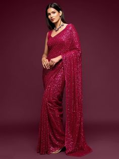 Hot Pink Fully Sequined Georgette Party Wear Saree Sequins Saree, Sequence Saree, Sequin Saree, Party Sarees, Party Wear Saree, Party Kleidung, Sari Blouse, Fancy Blouses, Wear Saree