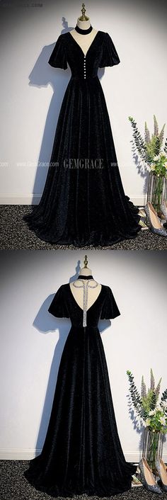 Velvet V-neck Evening Dress, Black V-neck Velvet Dress, Black Fitted Velvet Dress V-neck, Elegant V-neck Velvet Evening Dress, Black Velvet V-neck Evening Dress, Velvet V-neck Evening Dress For Prom, Black Velvet Prom Dress, Evening Dress With Sleeves, Dresses Elegant Long