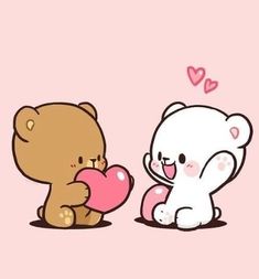 two teddy bears sitting next to each other with hearts in their paws on a pink background