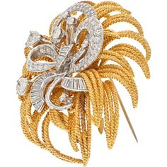 Embrace the narrative of luxury and artistry in the captivating elegance of the David Webb Platinum & 18K Yellow Gold 8 Carat Diamond Spray Brooch. This exquisite piece, crafted by the renowned designer David Webb, is a testament to timeless sophistication. Adorned with a magnificent array of diamonds, including round, baguette, and heart-shaped stones totaling 8 carats, this brooch exudes opulence at every angle.Imagine the graceful movement of the gold curls, delicately twisted and sculpted to form a solid yet fluid shape, perfectly complementing the openwork spray of diamonds. With measurements of 63mm x 53mm, it commands attention with its size and presence, making it a statement accessory for any occasion.Whether pinned to the lapel of a tailored blazer or adorning the neckline of a s Yellow Gold Art Deco Brooches For Formal Wear, Art Deco Yellow Gold Brooches For Formal Occasions, Art Deco Yellow Gold Formal Brooches, Formal Art Deco Yellow Gold Brooches, Yellow Gold Diamond Brooches For Formal Occasions, Formal Yellow Gold Diamond Brooch, Luxury Brooches With Intricate Design For Formal Occasions, Formal Yellow Gold Diamond Brooches, Luxury Formal Brooches With Intricate Design