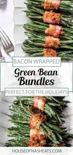 bacon wrapped green bean bundles on a white plate