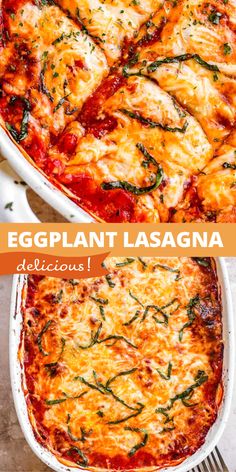 eggplant lasagna in a casserole dish with cheese and herbs