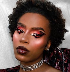 Rock Star Makeup Eye, Dark Red Makeup Looks, Rockstar Makeup Ideas, Red And Black Makeup Looks, Anti Valentines Day Makeup, Colorguard Makeup, Red Goth Makeup, Rock Concert Makeup, Red And Black Makeup