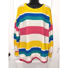 First Love Colorful Striped Knit Top Size Large Nwot New Without Tags 63% Polyester 34% Rayon 3% Spandex Measurements: 24.5 Inches Armpit To Armpit 27.5 Inches In Length Love Blue, Striped Knit, Blue Yellow, Knit Top, First Love, Womens Tops, Spandex, Tags, Knitting