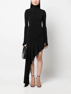 THE ANDAMANE Nancy Asymmetric Dress - Farfetch Long Sleeve Asymmetrical Dress With Ruched Detail For Evening, Fitted Long Sleeve Ruched Asymmetrical Dress, Asymmetric Dress, Asymmetrical Dress, Black Stretch, Asymmetric Hem, Dress Black, Fashion Branding, In Italy