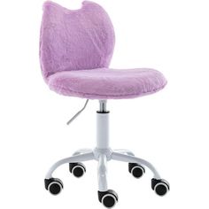 an office chair with wheels and a fuzzy purple seat cover on it's back