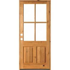 a wooden door with glass panels on the front and side panel, in light wood