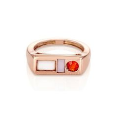 S/H KOH signet ring designs reflect the 20th century modernist art with geometric stone shapes as basic as rounds, squares and triangles. This ring is made in 14k rose gold with 6x4 mm Baguette Mother of Pearl, 5x2.5 mm Baguette blue Agate, and 4mm round Carnelian with shiny finish.  Please, specify your finger size. (Please, look at our 'Ring Sizing Guide' page for your information.) This item is made to order, please expect one to two weeks for production before delivery.  Size 6 is availab... Stone Shapes, Geometric Stone, Modernist Art, Green Topaz, Modernist Ring, Unusual Jewelry, Put A Ring On It, Blue Agate, The 20th Century