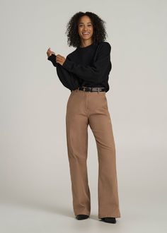 High Rise Wide Leg Flat Front Chino Pants for Tall Women | American Tall Tall Work Pants Women, Pants For Tall Women, Look Wide Leg, Tall Girl Outfits, Tall Women Fashion, Feeling Secure, Scrubs Dress, Brown Chinos, Cozy Sleepwear