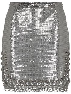 silver-tone aluminium metallic effect mesh panelling stud embellishment rear press-stud fastening high-waisted curved hem thigh-length Silver Sequined Mini Skirt For Evening, Glamorous Silver Embellished Skirt, Silver Embellished Skirt For Night Out, Silver Embellished Evening Skirt, Silver Embellished Skirt For Evening, Chloe 2024, Sparkle Skirt, Iconic Bags, Demi Fine Jewelry