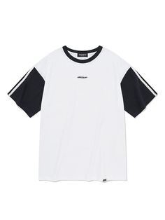 This casual T-shirt features color-blocking design to create sporty mood. It is made from comfortable 20's single cotton jersey.- Ribbed round neck- Logo embroidery at front - Double stripe tapes at sleeves- Point logo label at hem- Loose fit- Unisex wear- Tentar and tumble finish to minimize distortion after wash Relaxed Fit Crew Neck T-shirt With Contrast Color, Cotton T-shirt With Side Stripes, Black Varsity Top With Three Stripes, Sporty Short Sleeve T-shirt With Side Stripes, White Relaxed Fit T-shirt With Contrast Stripes, Athleisure Crew Neck T-shirt With Contrast Stripes, Casual Streetwear T-shirt With Side Stripes, Short Sleeve Sports T-shirt With Contrast Color, White Varsity T-shirt For Streetwear