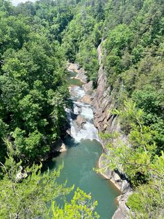 a river running through a forest filled with lots of green trees next to tall rocks