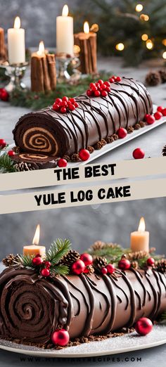 two pictures of the same chocolate log cake with candles on each side and christmas decorations in the background