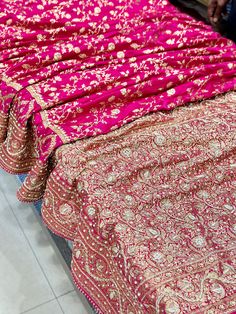 A perfect Rani Pink Banarasi Silk Saree adorn with pearls, stones and zardozi. Luxury Banarasi Silk Embroidered Fabric For Reception, Luxury Silk Thread Saree With Dabka Work, Banarsi Bridal Saree, Rani Pink Bridal Saree, Traditional Wear With Dabka Work For Reception, Reception Traditional Wear With Dabka Work, Traditional Dola Silk Salwar Kameez For Reception, Traditional Kundan Salwar Kameez With Intricate Embroidery, Traditional Drape Dupatta With Dabka Work For Reception