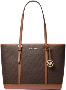 Michael Kors Tote Bag For Daily Use, Michael Kors Tote Bag For Shopping, Michael Kors Textured Leather Tote Bag, Michael Kors Coated Canvas Bags For On-the-go, Logo Tote Bag, Michael Kors Tote With Gold-tone Hardware, Jet Set, Interior Details, Zip Pockets