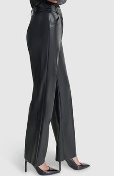 Slant pockets punctuate the front of glossy and buttery faux-leather pants that are a picture-perfect fit for office-to-dinner occasions. Zip fly with button closure Front slant pockets 100% polyester Machine wash, tumble dry Imported Sleek Straight Leg Leather Pants For Evening, Sleek Straight Leg Leather Pants For Formal Occasions, Sleek Formal Straight Leg Leather Pants, Sleek Solid Faux Leather Pants, High Waist Polyurethane Leather Pants For Work, Sleek Leather Straight Pants For Office, Sleek Straight Leather Pants For Office, Sleek Polyurethane Leather Straight Leg Pants, Sleek Faux Leather Evening Pants