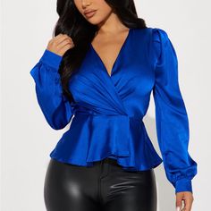 Nwt/Never Worn Satin Top In Royal Blue. Blue V-neck Blouse For Fall, Blue V-neck Top For Night Out, Chic Blue V-neck Blouse, Chic Blue Tops For Fall, Blue Fitted Blouse For Fall, Chic Blue Evening Top, Chic Blue Top For Night Out, Blue V-neck Top For Party, Blue V-neck Tops For Party