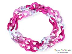 A colorful link chain in a pink mix of cotton. It has a length of approx. 60 cm and can easily be worn double Handmade Pink Chain Necklace As Gift, Handmade Pink Chain Necklace, Pink Crochet Jewelry Gift, Pink Crochet Necklace, Pink Crochet Bohemian Necklace, Bohemian Pink Crochet Jewelry, Necklace Crochet, Jewelry Crochet, Girls Jewelry