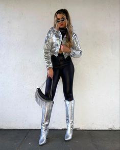 Silver Boots Concert Outfit, Beyonce Metallic Outfit, Bedazzled Boots Outfit, Metallic Boots Outfit Street Style, Shiny Cowboy Boots Outfit, Silver Metallic Cowboy Boots Outfit, Outfit With Silver Boots