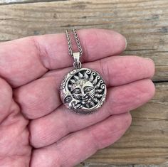 "Beautiful Moon, star and sun necklace, the eclipse necklace, the sun in back of a crescent moon...1 3/8\" tall with bail by 1\" wide at the widest (diameter), carved in wax, cast and antiqued in sterling silver 925....the chain is 18\" long also in sterling silver 925 with a lobster catch...great looking necklace" Eclipse Necklace, Sun Necklace, The Eclipse, Citrine Necklace, Beautiful Moon, Dragon Pendant, Moon Star, Necklace Handmade, Crescent Moon