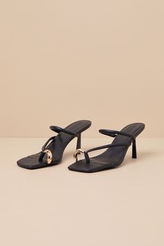 We hope you like compliments because everyone will love you in the Billini Camren Black Strappy High Heel Slide Sandals! These luxe heels have a smooth faux leather construction that shapes a trendy square footbed and an open-toe upper. The thong-style upper features a toe loop adorned with an oversized, oblong gold metal accent, followed by a strappy vamp (with elastic at the side of one strap for fit). Effortless slide-on design sits atop a flirty spool heel. Available in whole sizes only. 3" spool heel. Cushioned insole. Rubber sole has nonskid markings. Man Made Materials. Imported. Lulus | Camren Black Strappy High Heel Slide Sandal Heels | Size 7. Black Strappy High Heels, Strappy High Heels, Spool Heel, Black Strappy Heels, Sandal Heels, Metallic Accents, Strappy Heels, Slide Sandals, High Heel