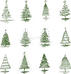 hand drawn christmas trees on white background