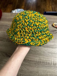 Small - Medium Multi Color Bucket hat  Made by Me! Casual Adjustable Yellow Beanie, Casual Yellow Adjustable Beanie, Green Brimmed Beanie, One Size Fits Most, Green Brimmed Beanie (one Size Fits Most), Casual Multicolor Beanie Mini Hat, Casual Multicolor Mini Beanie Hats, Casual Yellow Crochet Hat With Short Brim, Yellow Cotton Beanie Hat, Casual Yellow Crochet Cap