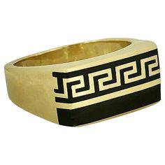 This sharp and tailored 14k yellow gold gents ring with a black enamel Greek Key motif is a true classic. The design area measures 13/16 inches by 7/16 inches and can be worn in two positions, with the Greek key motif on the top or on the bottom. The marking 585, indicating 14k, is laser engraved inside the shank. Ring size 9 1/2. The ring is lightweight and beautifully finished inside and outside. . Gross weight 6.50 grams. Versace Ring, Gents Ring, Antique Jewelry Rings, Greek Jewelry, Greek Key, Gold Enamel, Black Enamel, Vintage Watches, Laser Engraved