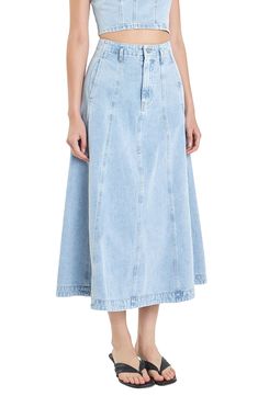 Traditionally rugged denim gets a refined upgrade in this paneled midi skirt boasting an effortlessly cool light wash and a full A-line silhouette. Zip fly with button closure Side-seam pockets 100% cotton Machine wash, tumble dry Imported A-line Denim Bottoms For Spring, Spring A-line Denim Bottoms, Spring A-line Bottoms With Button Closure, Spring A-line Denim Skirt, Medium Wash Midi Skirt For Spring, Spring Medium Wash Midi Skirt, Spring Midi Skirt In Medium Wash, Spring Midi Length Skirt In Medium Wash, Spring Midi Length Medium Wash Skirt