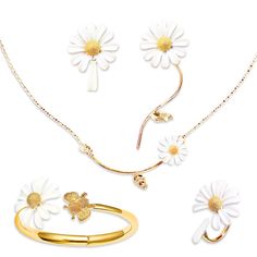 PRICES MAY VARY. 🌼 DAISY | Stunning pendant shaped like a chrysanthemum, trendy cute floral design. Perfect for all flower lovers bridal occasions and birthday gifts! 🌼 4 PIECE | Consists of 1 charm necklace, 1 bracelet, 1 pair of asymmetrical hypoallergenic stud earrings, and 1 ring. Spring is here in a matching classic 4-piece set! 🌼 GOLD | Sterling silver with gold plating and white lacquered petals. Absolutely gorgeous for the spring and summer seasons. Perfectly matching yellow, gold, an White Metal Flower Shaped Jewelry, White Metal Flower-shaped Jewelry, Metal Jewelry For Mother's Day Wedding, Metal Jewelry For Wedding And Mother's Day, Gold Whimsical Jewelry In Flower Shape, Gold Flower-shaped Whimsical Jewelry, Flower Shaped Metal Jewelry For Weddings, Delicate Flower Jewelry For Wedding Gift, Elegant Metal Flower Jewelry Sets