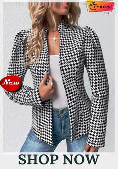 Woolen Houndstooth Casual Jacket Types Of Coats, Women Overcoat, Open Front Jacket, Line Jackets, Casual Jacket, Outerwear Women, Fleece Jacket, Ideias Fashion, Women's Blazer