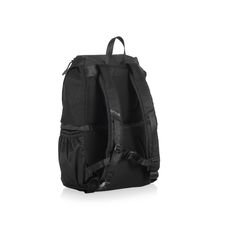 a black backpack with straps on the front and side pockets, sitting against a white background