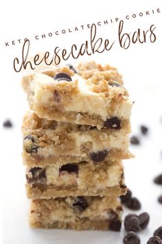 chocolate chip cookie cheesecake bars stacked on top of each other with text overlay