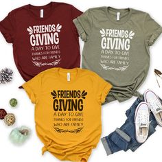 Happy Friendsgiving! Celebrate this holiday season with this fun Friendsgiving inspired Tshirt. Get your hands on this fabulous friendsgiving shirt now! The perfect shirt for your group of friends at Thanksgiving. THE SHIRT  This t-shirt is everything you've dreamed of and more. It feels soft and lightweight, with the right amount of stretch. It's comfortable and flattering for all. * Soft Cream & Medium Grey shirts come with a black graphic. Maroon, Navy, Heather Autumn, Olive & Teal come with a white graphic. * 100% combed and ring-spun cotton (Heather colors contain polyester) * Heather colors are 52% combed and ring-spun cotton, 48% polyester * Fabric weight: 4.2 oz (142 g/m2) * Pre-shrunk fabric * Side-seamed construction * Shoulder-to-shoulder taping THE SIZE: * Unisex Sweatshirt * S Friendsgiving T Shirt Ideas, Kids Friendsgiving Shirt, Funny Friendsgiving Shirts, Friends Tv Show Thanksgiving Shirt, Friendsgiving Shirts Ideas, Friends Themed Thanksgiving Shirts, Friendsgiving Shirts For Women, Friendsgiving Shirt Ideas, Friends Who Are Family