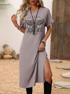 Athleisure Sport, Women's Round Neck Casual Simple Lotus Pattern High Split Basic Short Sleeve Dress For Summer,Graphics Woman T Shirts Dresses,Festival Outfits Casual Dress 4th Of July Women Fall Clothes T Shirt Dress Grey Casual  Short Sleeve Knitted Fabric Animal,Graphic,Letter Tee High Stretch  Women Clothing, size features are:Bust: ,Length: ,Sleeve Length: Casual Gray Maxi Dress For The Beach, Casual Gray Maxi Dress For Beach, Casual Gray Maxi Dress For Summer, Casual Crew Neck Maxi Dress For Spring, Gray Cotton Casual Maxi Dress, Gray Cotton Maxi Dress For Summer, Casual Graphic Print Maxi Dress For Spring, Spring Crew Neck Dress With Letter Print, Casual Spring Maxi Dress With Graphic Print