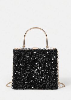 Add a touch of glamour to your evening attire with the Black Sequin Square Evening Bag. The elegant gold top handle adds a sophisticated touch, while the detachable chain shoulder strap offers versatility. Perfect for special occasions and formal events. Chic Handheld Party Bag, Chic Handheld Shoulder Bag For Party, Handheld Chain Strap Party Bag, Chic Rectangular Party Bags, Chic Rectangular Party Bag, Chic Gold Evening Bag With Top Handle, Glamorous Party Clutch Evening Bag, Glamorous Rectangular Shoulder Bag For Party, Elegant Gold Bags For Party Season