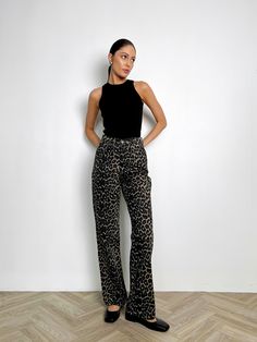 Description: - Made from thick, high quality denim - Own production Oztrend - Strong and durable - Comfortable and elegant - Jeans with trendy leopard print - Thick denim holds its shape well - Size (34-40) Printed Pants Outfits, Animal Print Pants, Leopard Pants, Wide Jeans, Outerwear Vest, Vest Shirt, Short Tops, Shirt Jacket, Leopard Print