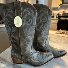 Grey And Blue Cowboy Boots. Women's 7. Never Been Worn Before. Blue Fall Boots With Snip Toe, Blue Boots With Snip Toe For Fall, Blue Snip Toe Boots For Fall, Casual Blue Boots For Fall, Blue Cowboy Boots, Zebra Shoes, Red Cowboy Boots, Zara Boots, Black Flip Flops