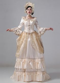 Champagne Victorian Bustle Reenactment Costumes Carnival Masquerade Party Dresses     Condition: Brand New   Color:Champagne   Material: This dress made of High Quality Satins,Lace, soft,smooth and comfortable to wear   Sleeve Length:Long Sleeve   Dresses Length:Floor-Length   Neckline:Square Collar   Decoration: Ruffles + Lace   Applicable People:Adult   Package Includes: Dress    amp;nbsp;     The length of skirt about 45 inches (114 cm) long from waist to hem regardless of size. This dress is Historical Victorian Dress For Costume Party, Vintage Baroque Dress For Costume Party, Vintage Dresses For Medieval Festivals, Vintage Victorian Dress For Fancy Dress And Medieval Festivals, Victorian Medieval Dress Ball Gown For Fancy Dress, Victorian Medieval Ball Gown For Fancy Dress, Baroque Victorian Dress For Costume Parties And Medieval Festivals, Baroque Victorian Dress For Costume And Medieval Festivals, Vintage Dresses For Medieval Festivals With Historical Design