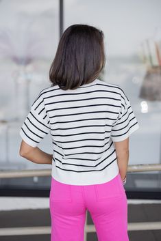 White and black striped short sleeve knit top Get ready to fall in love with this Sweet Love Black Striped Top! Made from white and black striped knit fabric, this top features a crew neckline and short sleeves. Perfect for any occasion, add this cutie to your wardrobe for a touch of classic style mixed with fun. Love at first stripe! Shop the look: Pink Pants True to size fit; relaxed silhouette; semi-cropped Model is 5'5" wearing a small Fabric contains stretch Ribbed crew neckline Short sleev Chic Striped Crew Neck T-shirt, White Short Sleeve Top With Striped Sleeves, Chic Striped Short Sleeve T-shirt, White Crew Neck Top With Striped Sleeves, Trendy Striped Crew Neck Knit Top, Chic Striped Tops With Ribbed Neckline, Chic Striped Top With Ribbed Neckline, Chic Striped T-shirt With Crew Neck, Trendy Short Sleeve Tops With Vertical Stripes