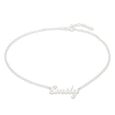 This anklet set in sterling silver can be personalized with a single line of text, from 2 to 8 characters in length. The design is centered along a 10.0-inch rolo chain,with additional closure rings at 9.0 and 9.5 inches, that secures with a spring-ring clasp. Customizable Name Bracelet For Everyday Wear, Customizable Everyday Name Bracelet, Personalized Silver Anklets, Nickel Free Silver Name Bracelet, Nickel-free Silver Name Bracelet, Classic Customizable Name Bracelet, Silver Elegant Anklets For Everyday Wear, Elegant Silver Anklets For Everyday, Adjustable Sterling Silver Name Bracelet