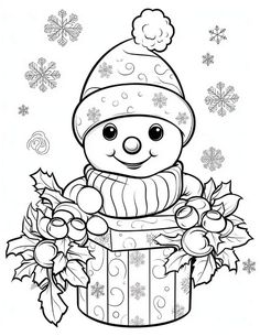 a teddy bear sitting in a box with holly leaves and snowflakes around it