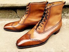 Sleek sellouts! 🤓. Order New Handmade Men's fashion Tan Color Ankle High Leather Boots at $179.0 #Leather #Boots #Shoes #fashion #Handmade #wingtip #sale #studdedjacket #biker #outwear Quality Leather Boots, Custom Design Shoes, Handmade Boot, Mens Fashion Smart, Ankle Boots Men, High Ankle Boots, High Leather Boots, Casual Dress Shoes, Leather Lace Up Boots