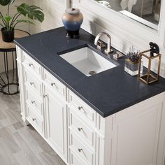 a bathroom sink sitting on top of a counter next to a mirror and potted plant