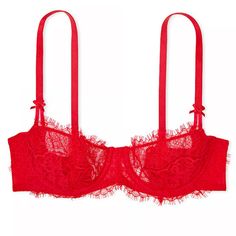 Gorgeous Bright Red Lingerie Bra With Cute Bows On Straps! Unlined Lace Cups With A Mesh Back. 3 Adjustable Options On Back Along With Adjustable Straps. Only Worn Once. Reds Not My Thing! Beautiful Bra Though. Elegant Red Bra With Lace Trim, String Bra For Night Out, Fitted Red Lace Bra, Bra Art, Sequin Bra, Vs Pink Bras, Red Lace Bra, High Neck Bra, Green Bras