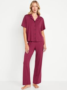 set includes sleep shirt and matching pants notched collar short sleeves button front elastic-waist pants top has loose fit and hits below waist bottoms sit at waist with loose thigh and leg models are approx.  5'9" and wear sizes s (4), l (12), and xl (18)machine wash according to the care instruction label  . Best Holiday gift for Women , perfect Pajamas for Christmas! Classic Pajamas, Pajamas Gift, Pajama Pant, Matching Pants, Family Pajamas, Family Maternity, Old Navy Women, Elastic Waist Pants, Sleep Shirt