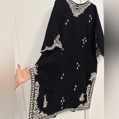 Brand Dhanak Dress Chest Size 44 Brand New Just Launched Comes With Pant Traditional Black Straight Kurta Dress, Traditional Black Tunic Dress, Black Maxi Length Kaftan With Dabka, Black Long Kaftan With Dabka Work, Traditional Black Summer Kurta, Black Traditional Summer Kurta, Black Straight Kurta For Summer, Black Long Kurta For Formal Occasions, Long Black Kurta For Formal Occasions